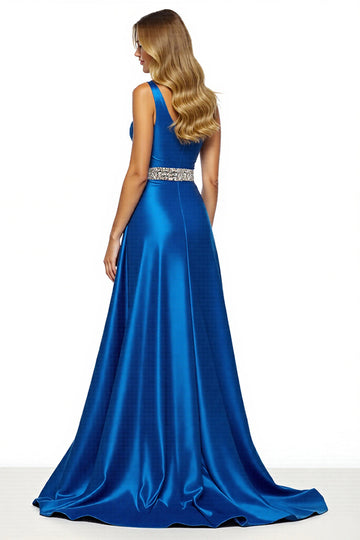 Sparkly  Royal Blue Satin A Line Long Formal Dress with Slit